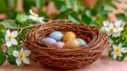 Obraz premium Colorful eggs nestled in a charming nest surrounded by delicate flowers among lush green leaves in a serene spring setting