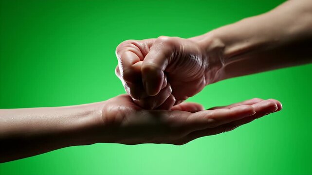 Two hands, one closed fist poised over an open palm, against green