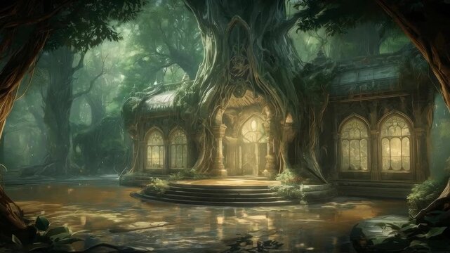 A fairy tale palace in an enchanted forest, magical atmosphere