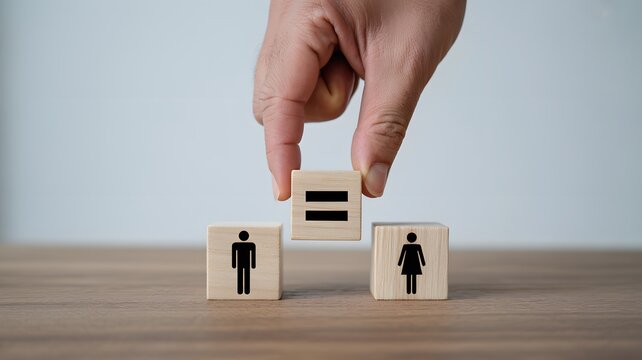 Hand placing equal sign block between male and female icon blocks gender equality
