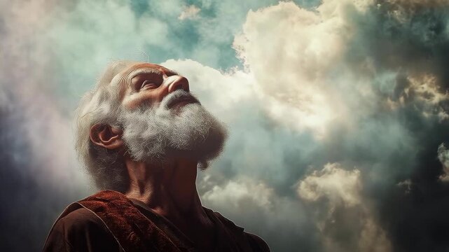 An old visionary man or prophet with a beard, looking up, with a stormy sky in the background