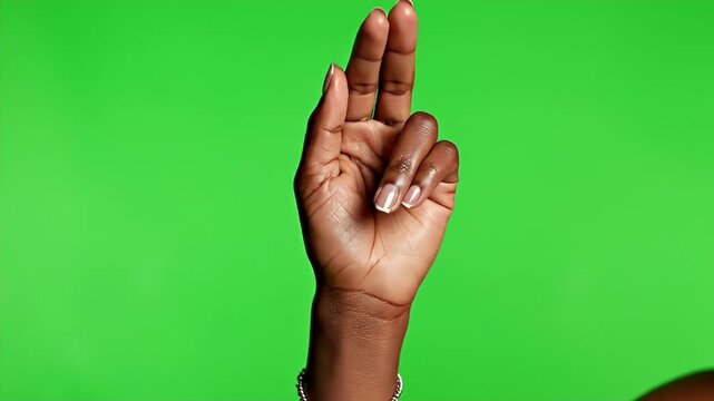 A dark-skinned hand with manicured nails is displayed against a bright green background, fingers extended