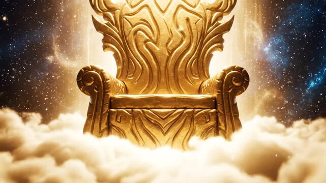 Majestic throne floating above clouds with cosmic background symbolizing power and celestial authority in a fantasy setting