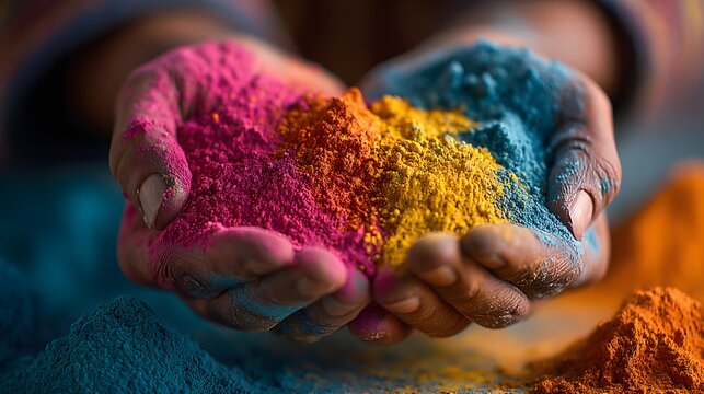 Hands holding colorful powder pigments during holi festival celebration, dolyatra tradition on dark blue background with pink yellow blue tones