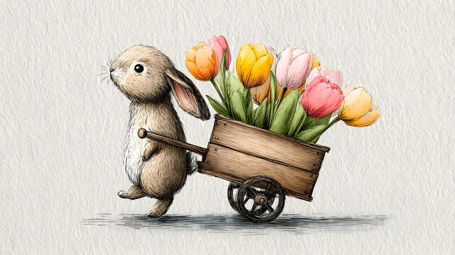 Cute watercolor easter bunny pushing wooden cart with tulips, spring holiday illustration on white background with pastel beige pink yellow tones