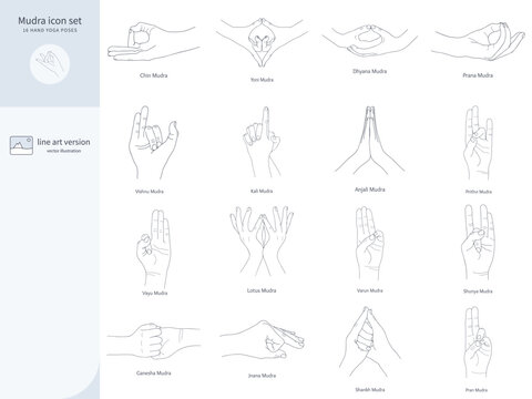 Mudra icon set, 16 hand yoga poses, line art vector icons