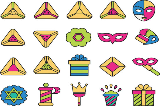 Purim Celebration Icon Set with Hamantaschen Masks Gifts and Festive Symbols Isolated on White