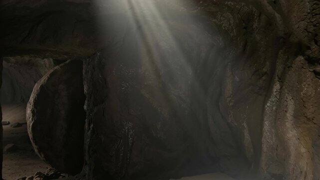 Biblical tomb with a rolled away stone and empty shroud, illuminated by divine light, symbolizing christs resurrection on Easter.