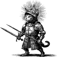 Obraz premium The cat knight is holding two long swords and has a visible curved tail.