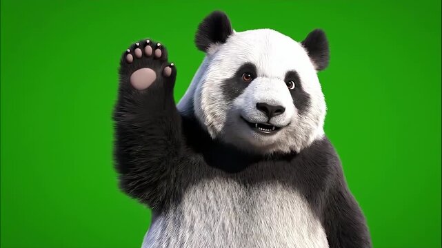 A cute smiling panda character waving on a green screen background.