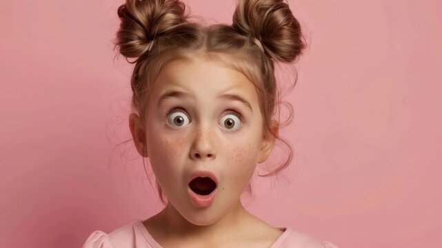 A girl with a surprised expression and pigtails on her head stares wide-eyed, conveying an emotional reaction to surprise. Ideal for children's magazines or as a bright background in articles on child