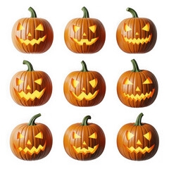 Nine carved jack o lanterns isolated on transparent background