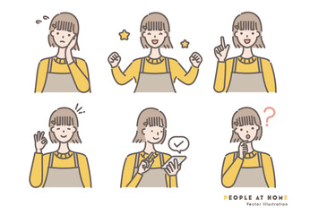 黄色の服を着たエプロン姿の女性のイラストセット