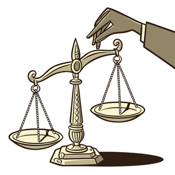 Golden balance scale controlled by a single hand