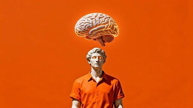 Statue with floating brain against orange background