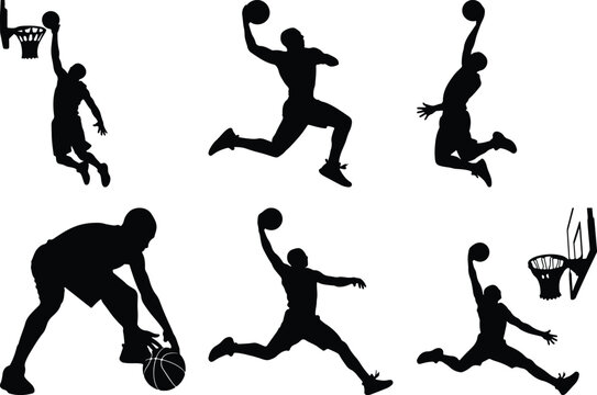 Basketball player silhouettes with hoop, dynamic poses