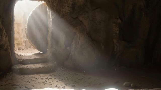 Empty tomb of Jesus Christ in the cave of Resurrection with glowing light, burial shroud or winding sheet, and rolled stone, Easter story.