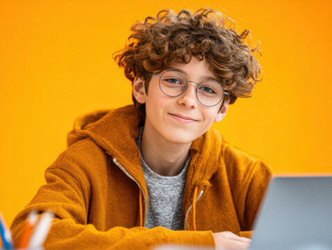 13 year old student enjoying studying online with bright background