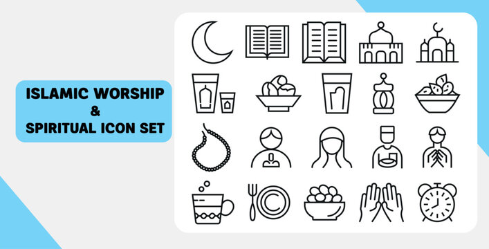 Islamic Worship & Spiritual Icon Set: An inclusive set of minimalistic line art icons portraying various Islamic worship practices and spiritual symbols. Ideal for cultural and religious designs.