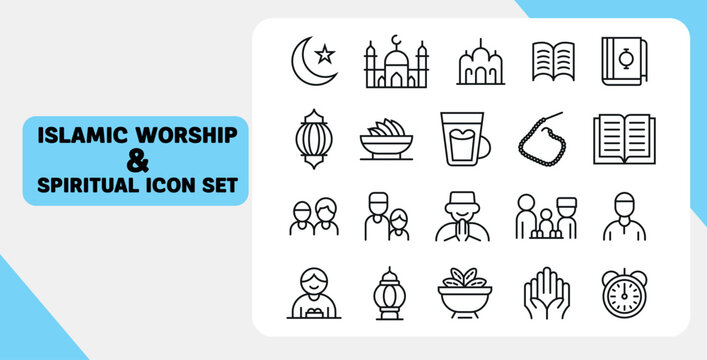Islamic Worship Icon Set: A comprehensive collection of meticulously crafted, minimalistic icons that symbolize Islamic worship and spirituality. Explore symbols of faith, prayer.