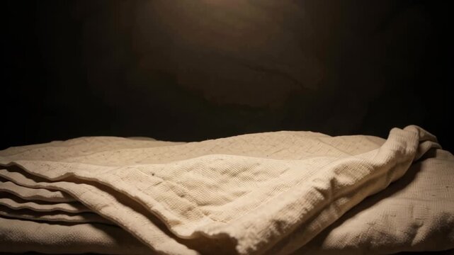 Linen cloth on a stone tomb, symbolizing the resurrection of Jesus Christ and Easter. Religious concept for christianity.
