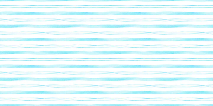 Blue watercolor abstract horizontal stripes kids background. Seamless surface pattern design for textile, baby shower decoration, summer sea graphic line print, tablecloth, linen