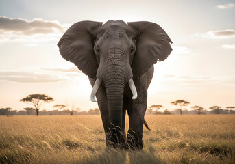 Fototapeta premium A large elephant standing in a savannah during sunset