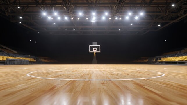 Modern indoor basketball court with spotlight lighting and glossy parquet floor. Hoop centered in large arena. Professional sport, championship and event venue