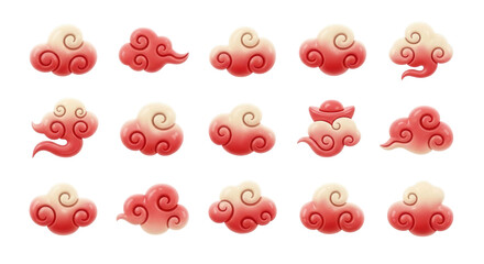 Fototapeta premium Collection of fifteen detailed pastel pink handcrafted cloud ornaments with swirling decorative patterns isolated on a transparent background