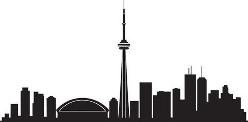 Naklejka premium Toronto skyline featuring CN Tower and distinct buildings, Canadian city landmark in dark silhouette.