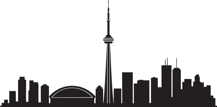 Toronto skyline featuring CN Tower and distinct buildings, Canadian city landmark in dark silhouette.