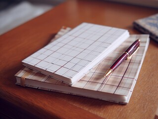 チェック柄ノートとペンを机に整えて計画や記録を丁寧に進める落ち着いた作業風景