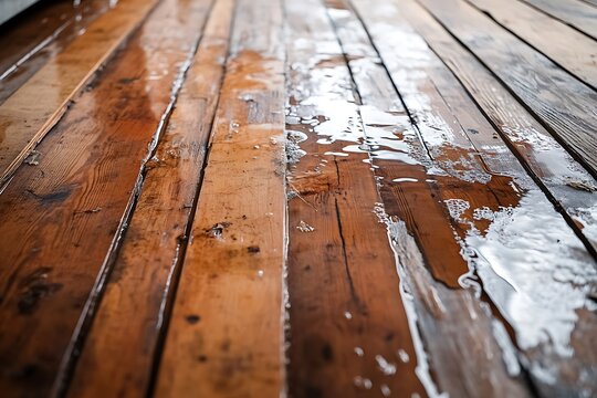Detailed view of water damage on wooden floors, water pooling between floorboards, damp wood texture, aftermath of a flood with signs of decay.