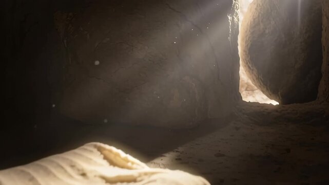 Empty tomb of Jesus Christ with burial shroud and moving stone, rays of light in ancient cave for Easter and resurrection concept.