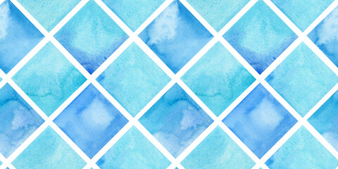 Fototapeta premium Blue diamond swimming pool tile watercolor seamless pattern. Abstract geometric hand drawn background. Teal rhombus checkered mosaic for textile design, greeting card, desktop wallpaper.