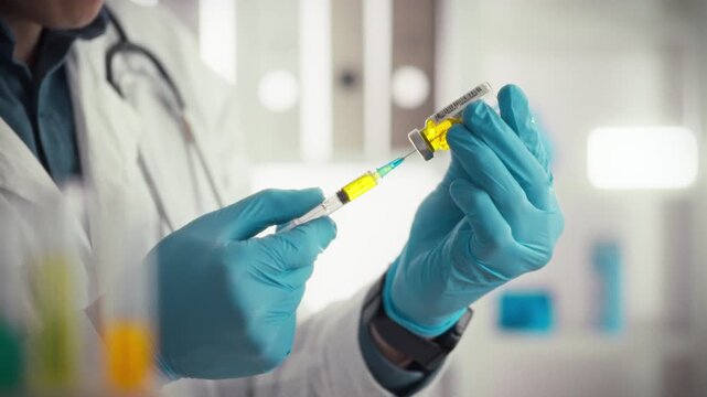 A medical professional, wearing sterile gloves and a white coat, carefully fills a syringe with medicine from a glass vial in a bright, hygienic hospital room