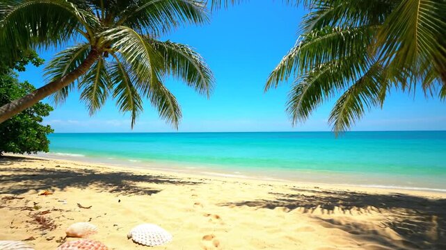 Tropical beach scene with palm trees, ocean, and seashells on sandy shore, sunny day, vacation background