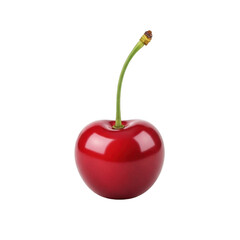 Single perfect ripe red cherry with a green stem on a clean white background, isolated for food advertising and design.
