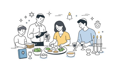 Passover evening calm. People preparing the seder table together, placing symbolic foods and setting cups. The atmosphere feels peaceful,