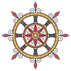 Ornamental mandala wheel with red blue and gold details