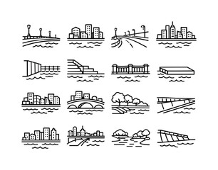 Urban riverside. Line icon set of Urban riverside: city embankment, river with buildings, embankment road, riverside skyline, flood barrier