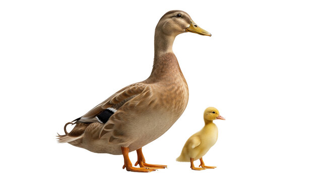 Adult Indian Runner duck stands tall next to a duckling on a transparent background