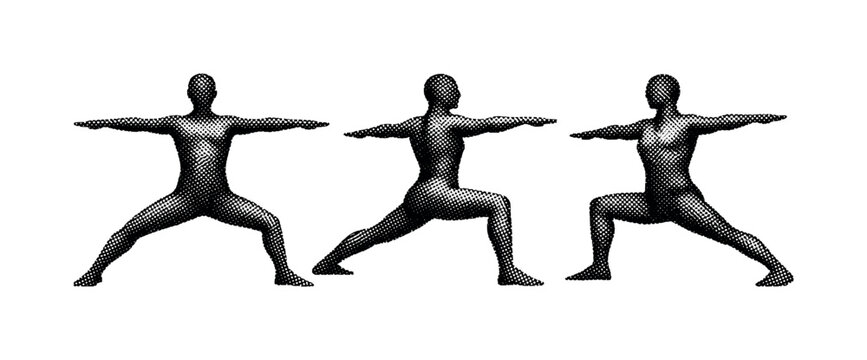 Warrior Pose Silhouette. Yoga warrior pose icon illustrated as a single body silhouette object shown in front view, side view, and three-quarter view