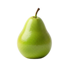 Single ripe green pear with a brown stem, isolated on a white background, showcasing a healthy and fresh fruit option.