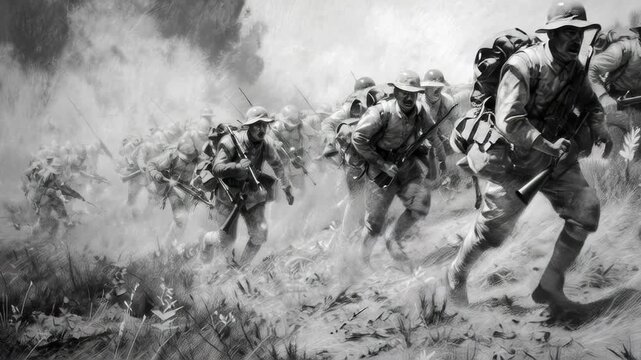Historical Warfare - Soldiers Advancing Through Smoke and Debris.