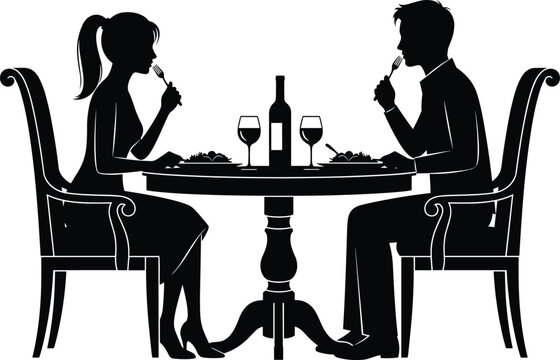 Romantic Couple Silhouette Eating Dinner at Restaurant Table with Wine and Food for Valentine&rsquo;s Day Date Night Vector Illustration Design.