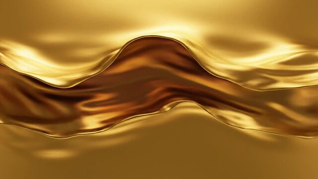 Wavy golden liquid flowing on a plain shiny golden surface