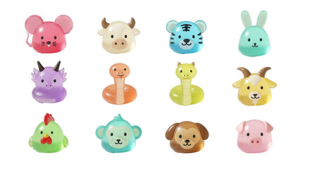 Fototapeta premium Vibrant Glossy Cartoon Animal Heads Including Pig Cow Tiger Bunny Unicorn Chick Elephant Dog isolated on a transparent background