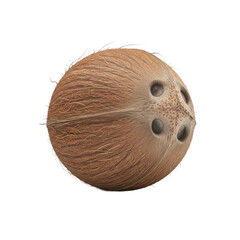 Whole brown coconut with visible husk fibers and three dark 'eyes', isolated on a white background for tropical themes.