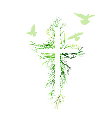 Obraz premium Religious cross made from tree branches with flying birds. Hand drawn. Not AI, vector illustration